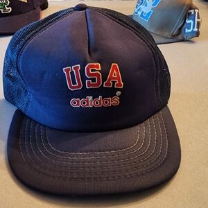 Adidas USA Navy Blue And Red Mesh Trucker Hat Cap Vintage 90s